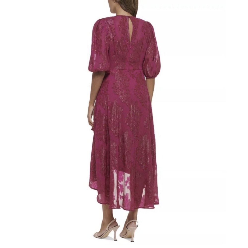 CALVIN KLEIN Purple Pink Jacquard Chiffon Hi-Low Fit & Flare Dress Sz 14 Women's - Picture 2 of 14